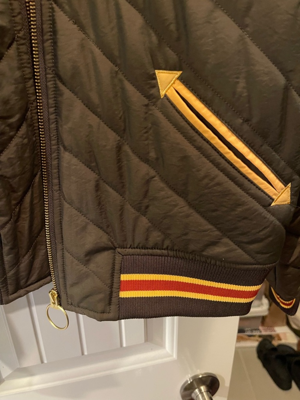 Quilted Bomber Jacket in Brown & Mustard with Red Accent - Picture 3 of 4